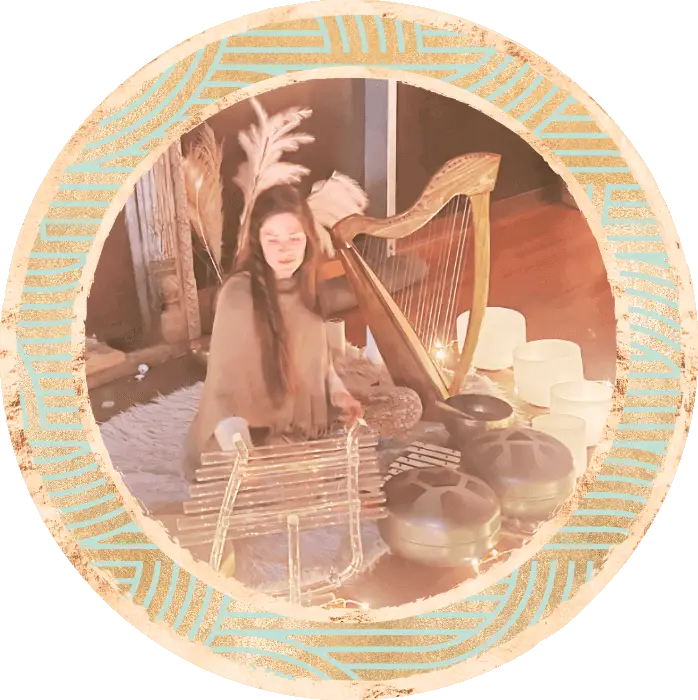 A song writing session/Charmaine facilitating a soundbath at a retreat